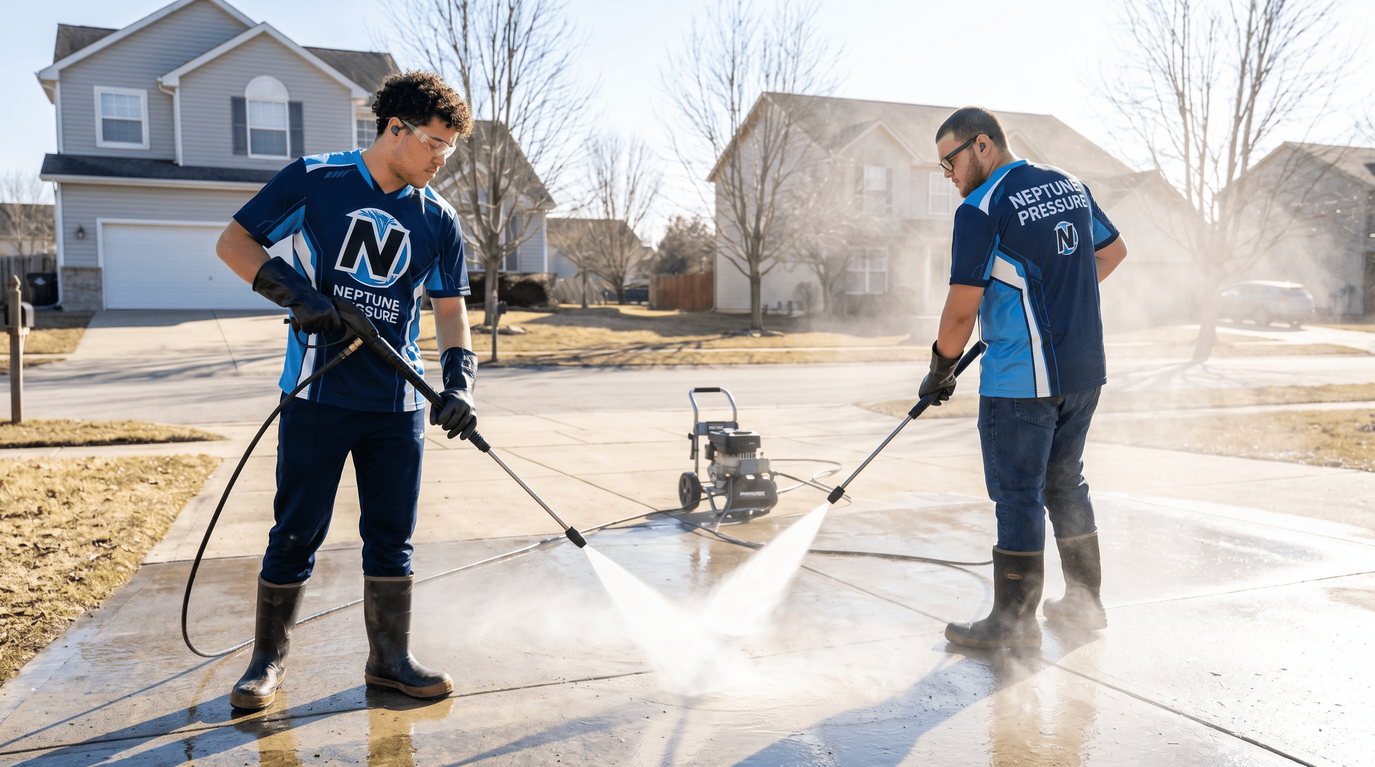 Josh and Kev, founders of Neptune Pressure, pressure washing a driveway in Lehigh Valley
